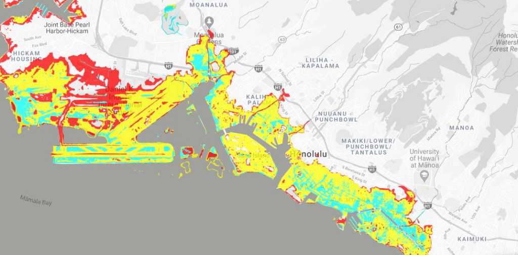 Honolulu, le zone a rischio inondazione. Fonte PacIOOS (Pacific Islands Ocean Observing System)