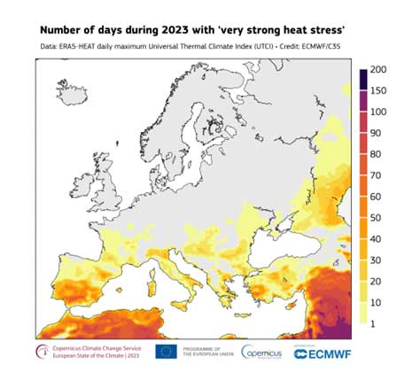 Numero di giorni con "stress da caldo molto forte" (UTCI tra 38 e 46°C) nel corso del 2023. Fonte dati: ERA5-HEAT. Crediti: C3S/ECMWF.