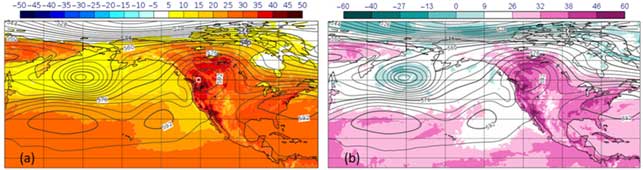 Temperatura massima (a) e UTCI massimo (b) durante il picco di calore (28–30 giugno 2021) dell’ondata di caldo che colpì l’America nord-occidentale. Le linee rappresentano l’altezza media del geopotenziale a 500 hPa (in decametri). Dati: ERA5 e ERA5-HEAT. Fonte: Emerton R. et al.. (2022). Predicting the unprecedented: forecasting the June 2021 Pacific Northwest heatwave. Weather. 77. 10.1002/wea.4257.