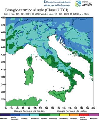 Previsioni biometeorologiche operative per l’Italia. Fonte: Di Napoli, C. et al. (2021). The Universal Thermal Climate Index as an Operational Forecasting Tool of Human Biometeorological Conditions in Europe. In: Krüger, E.L. (eds) Applications of the Universal Thermal Climate Index UTCI in Biometeorology. Biometeorology, vol 4. Springer, Cham. 