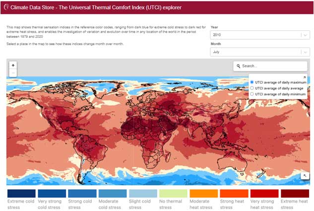 UTCI explorer, il sistema di visualizzazione dei dati di rianalisi ERA5-HEAT. E’ mostrata la media dei valori massimi di UTCI (Universal Thermal Climate Index) registrati nel luglio 2010. E’ ben evidente l’ondata di calore di portata storica che colpì la Russia da metà luglio a metà agosto. 