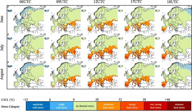 Mappe dei bioclimi termici d’Europa ricavate da 38 anni di dati di rianalisi ERA-Interim per i mesi estivi e diversi momenti della giornata.Fonte: Di Napoli, C., Pappenberger, F. & Cloke, H.L. Assessing heat-related health risk in Europe via the Universal Thermal Climate Index (UTCI). Int J Biometeorol 62, 1155–1165 (2018). 