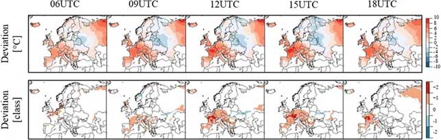 Mappe dello scostamento dell’UTCI dal valore climatologico 1979-2016 espresso in °C (pannello superiore) e in livelli di stress termico (pannello inferiore) in diversi momenti della giorno durante l’agosto 2003. Fonte: Di Napoli, C., Pappenberger, F. & Cloke, H.L. Assessing heat-related health risk in Europe via the Universal Thermal Climate Index (UTCI). Int J Biometeorol 62, 1155–1165 (2018).